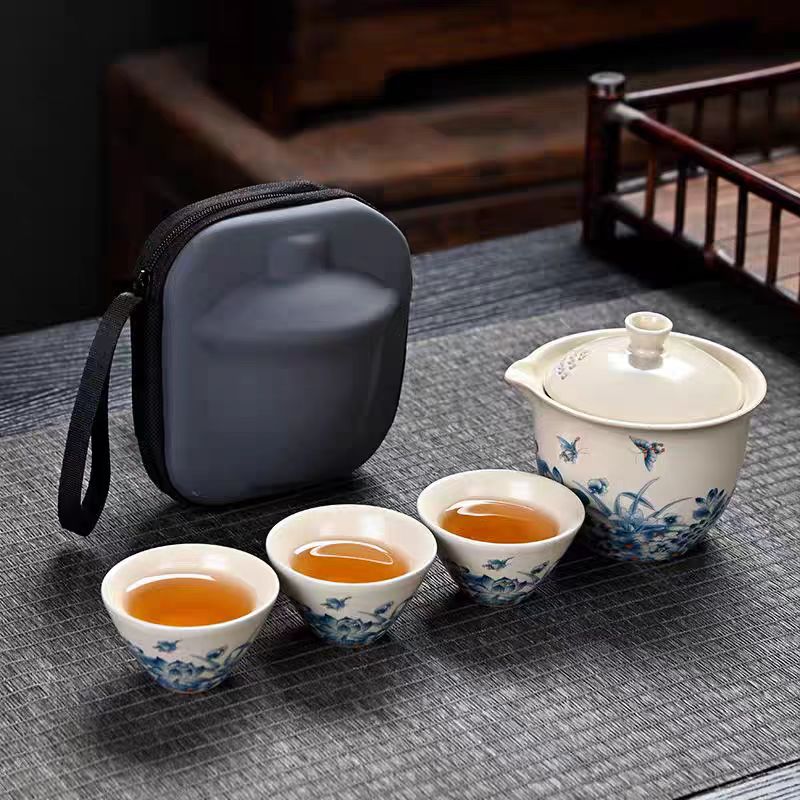 BY377汝窑蝶恋花一壶三杯旅行茶具