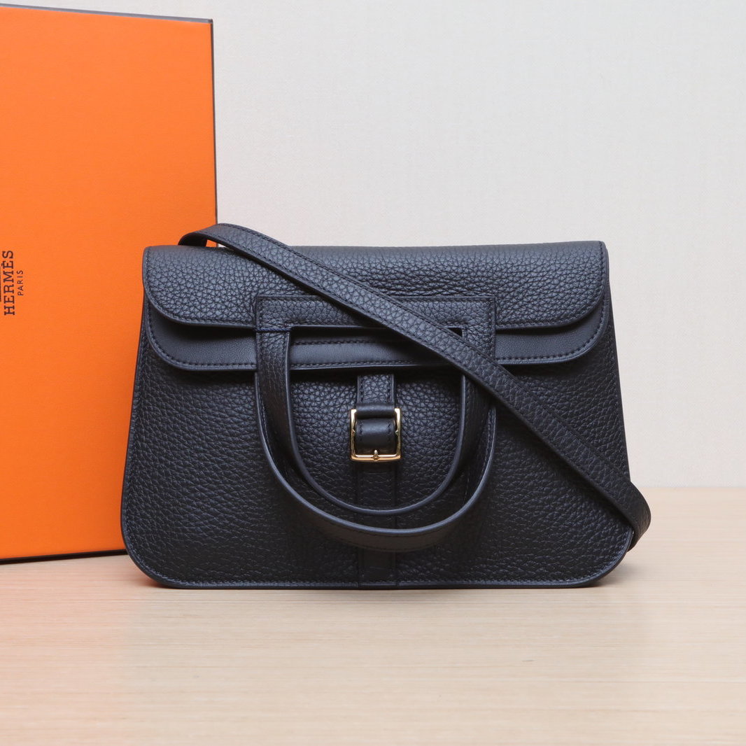 99新 Hermes/爱马仕 【66活动】Halzan25 单肩包 黑色TC皮W刻金扣