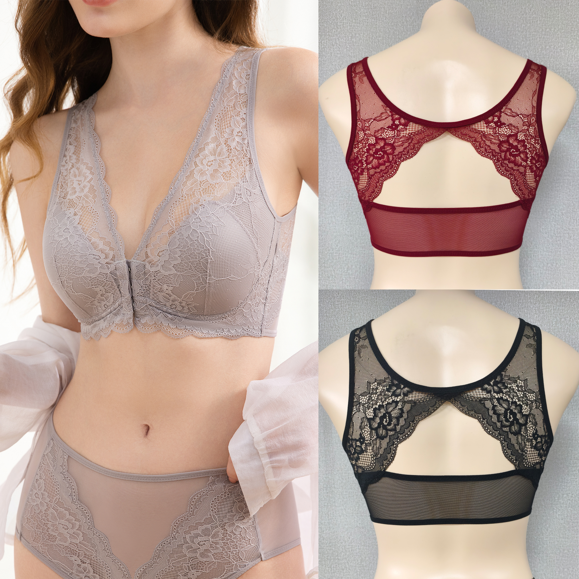 【外贸新款】薄款前扣聚拢美背式文胸亲肤软蕾丝文胸速干0310