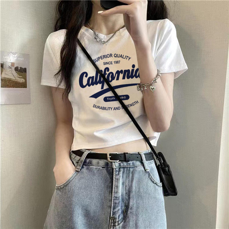 白色字母印花短袖T恤女2025夏季新款洋气修身显瘦短款百搭上衣潮