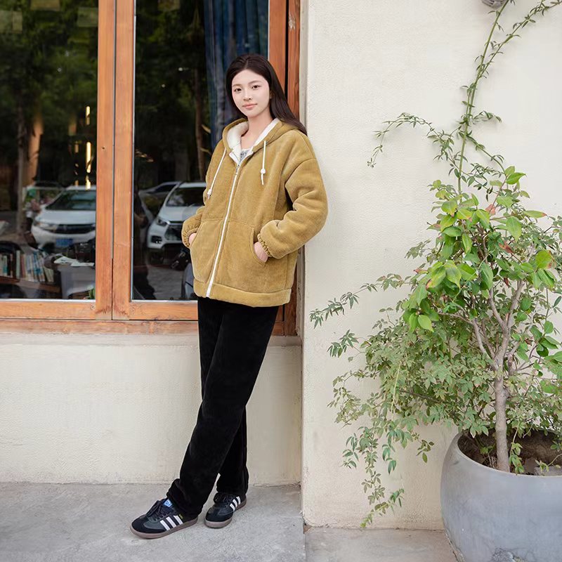 三层加厚加绒夹棉冬季连帽休闲套装保暖时尚宽松睡衣女士可外穿