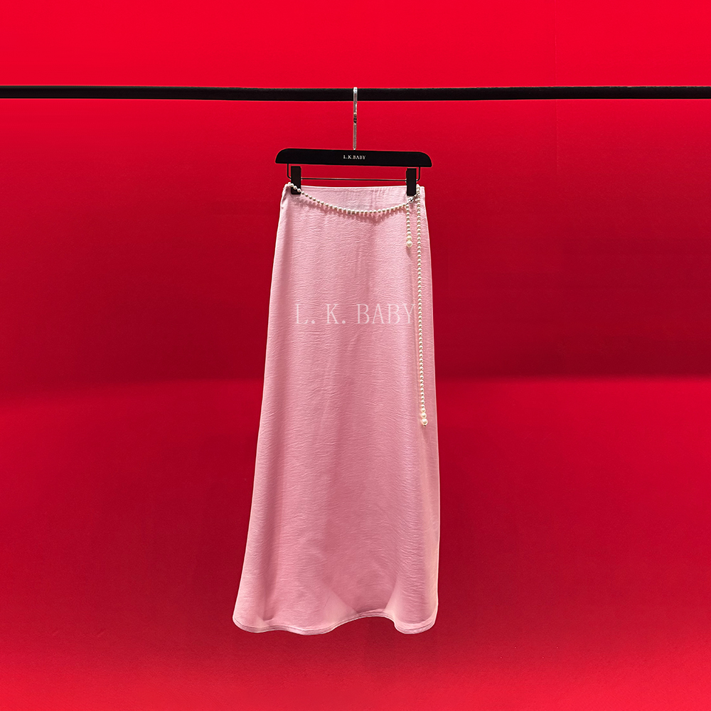 【L.K.BABY】胭脂花粉  法式名媛典雅绸光缎面时尚开衩鱼尾裙
