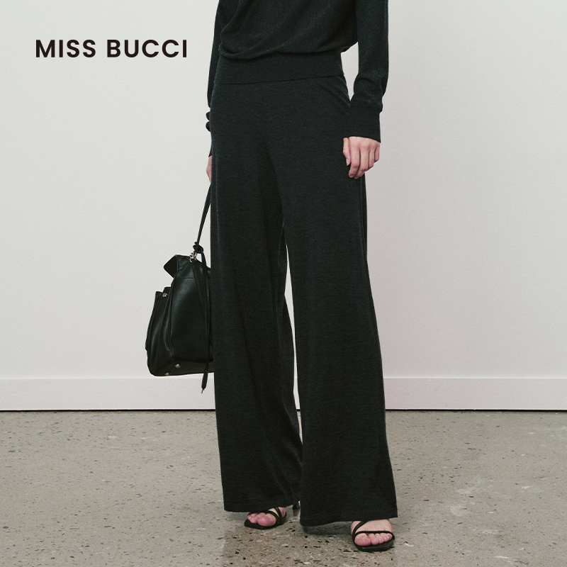 MISS BUCCI25秋冬新款女士直筒阔腿高腰休闲羊毛针织长裤