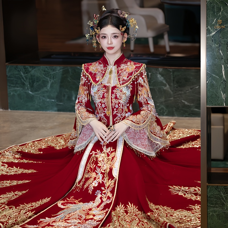 高级秀禾服新娘2025新款大喇叭袖中式嫁衣奢华敬酒服修身出阁服女