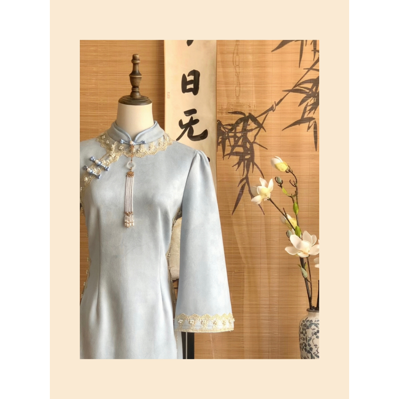 【南鸢】新中式蓝色改良旗袍高级感钉珠绣花倒大袖修身国风连衣裙冬