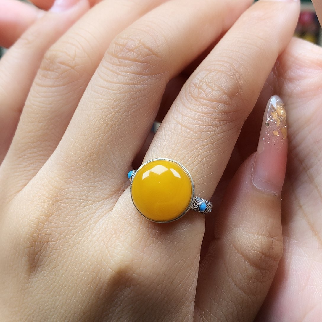 蜜蜡戒指银S925镶嵌戒指