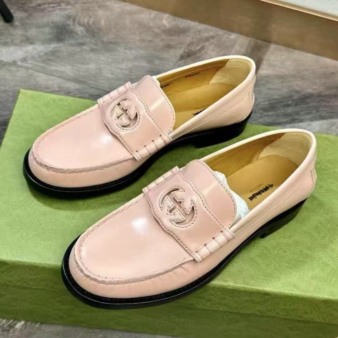 未使用 GUCCI/古驰 /七七/粉色乐福鞋 双G镂空logo