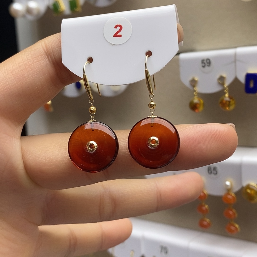 血珀18K金镶嵌耳饰