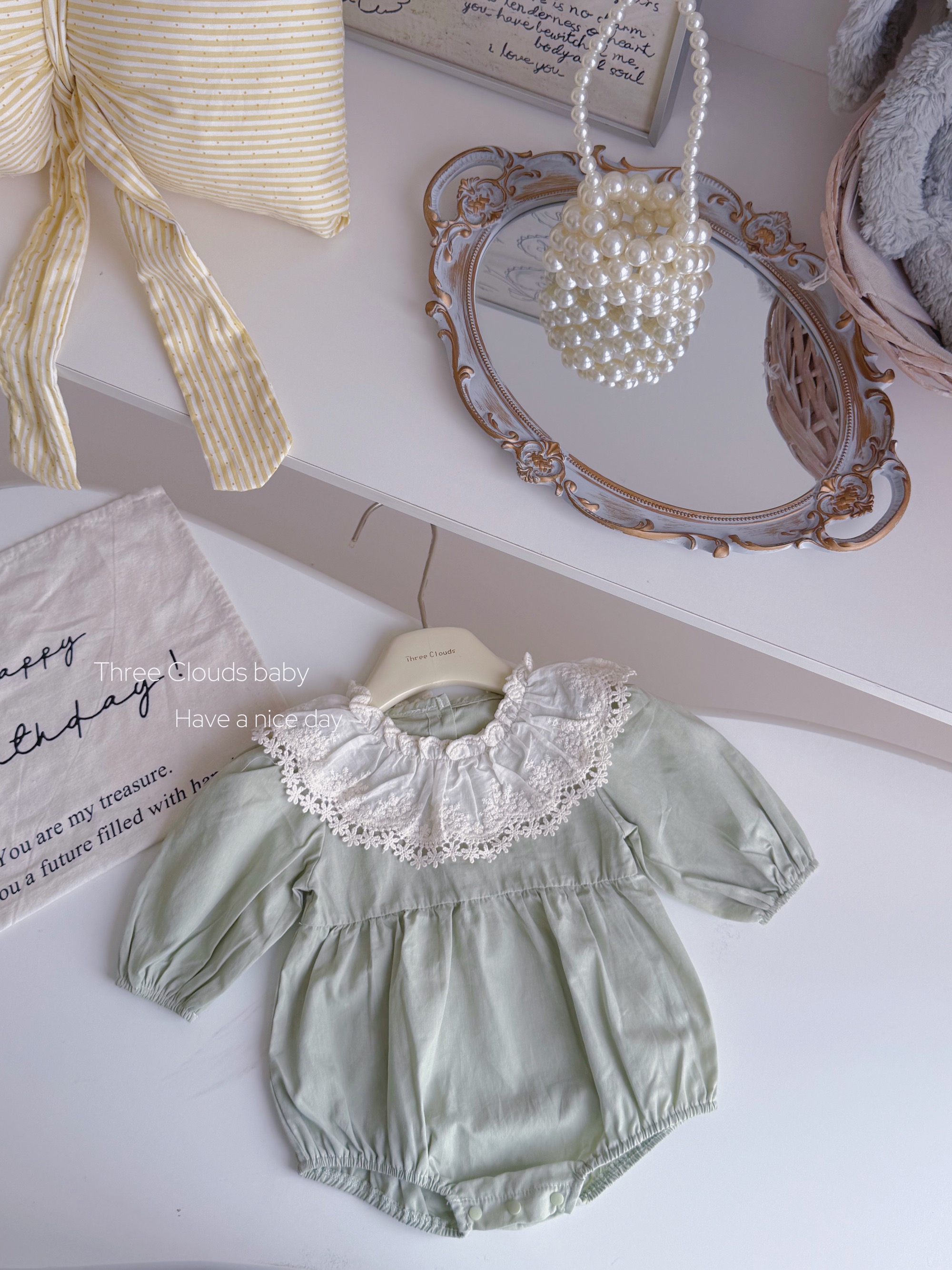 三小朵2647【初柠】婴幼儿女童宝宝秋款花边领棉纱连体衣爬服家居