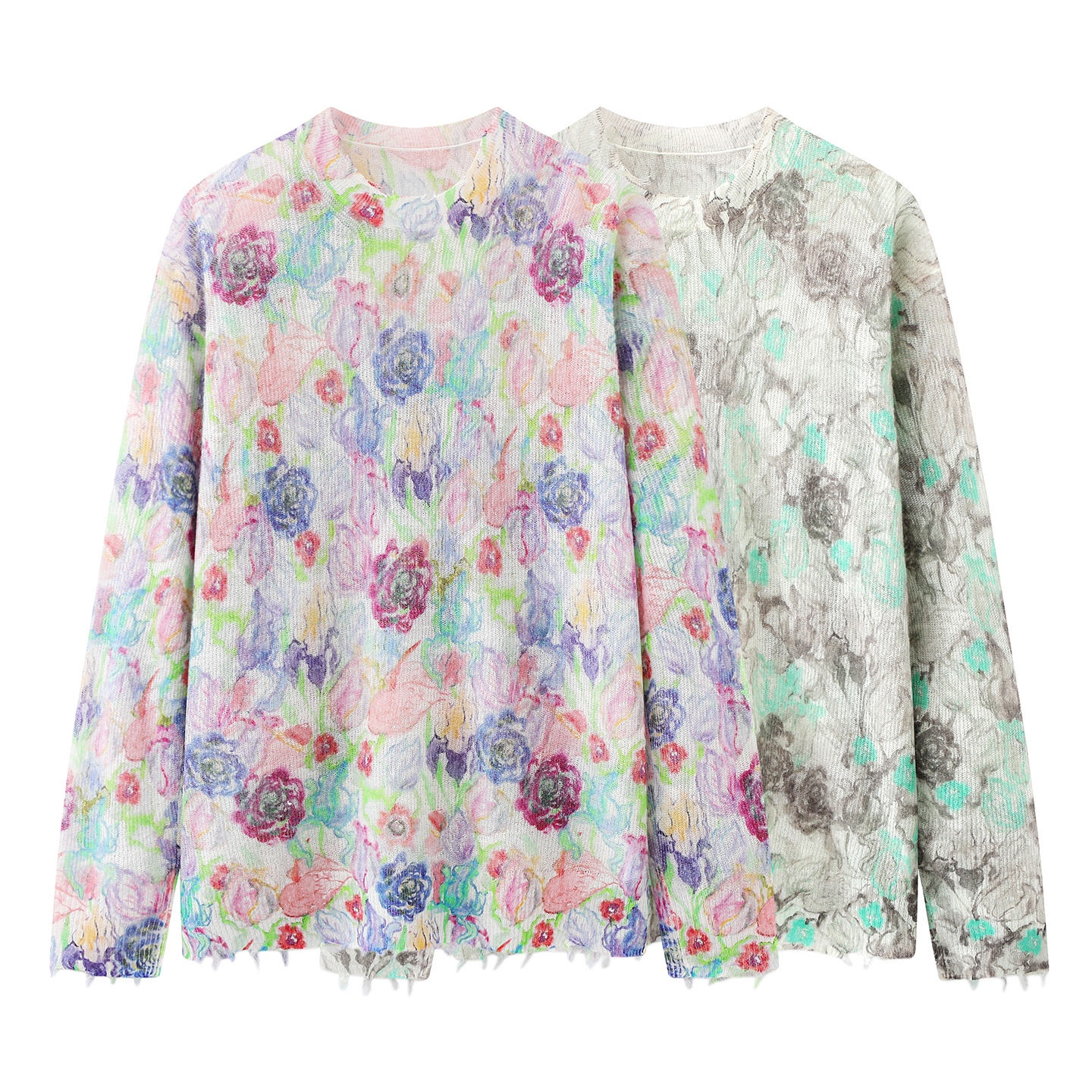 【水彩花卉】2026春装新款花朵印花薄款马海毛圆领套头针织衫毛衣女