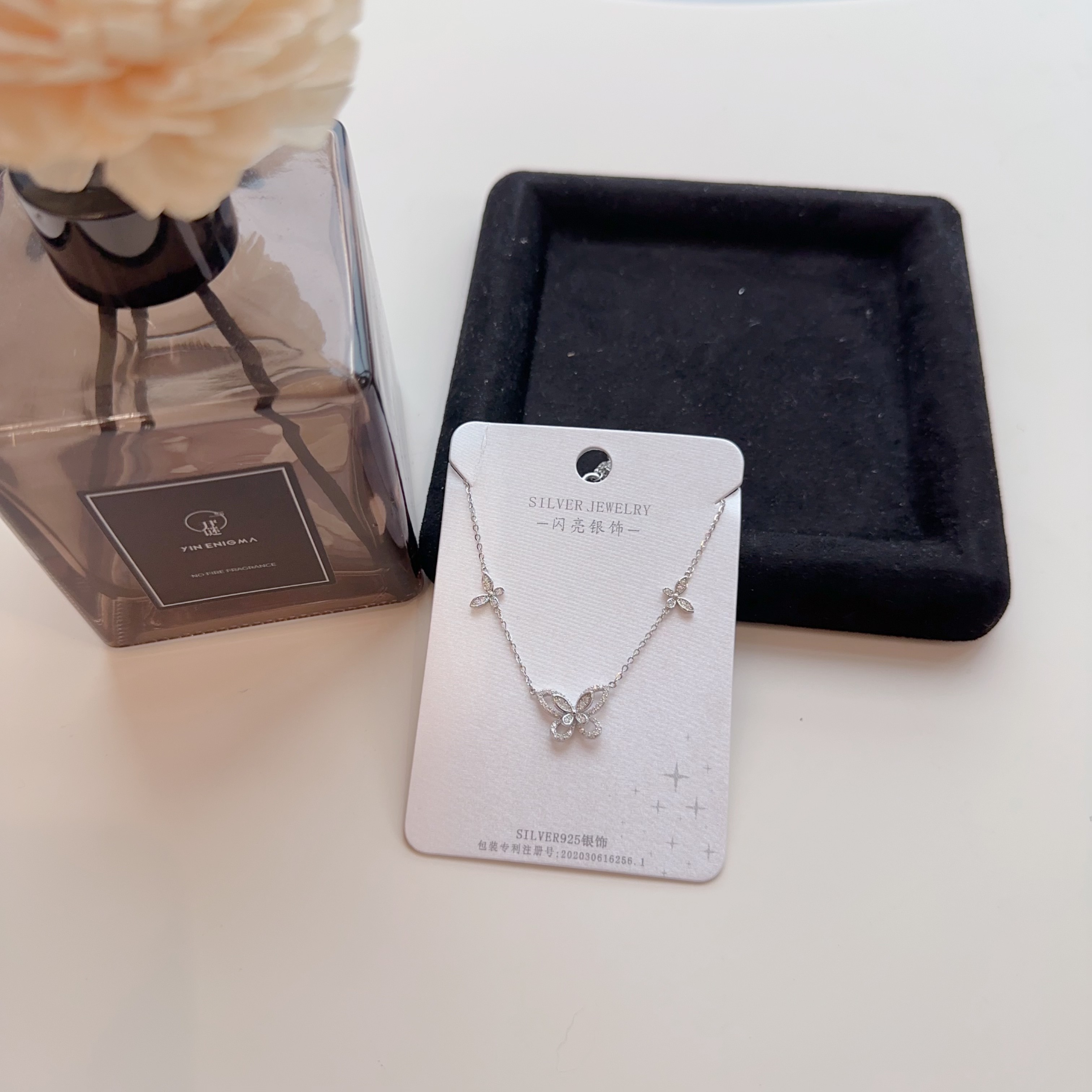 链子925银合成锆石 微镶钻镂空蝴蝶结项链XL103