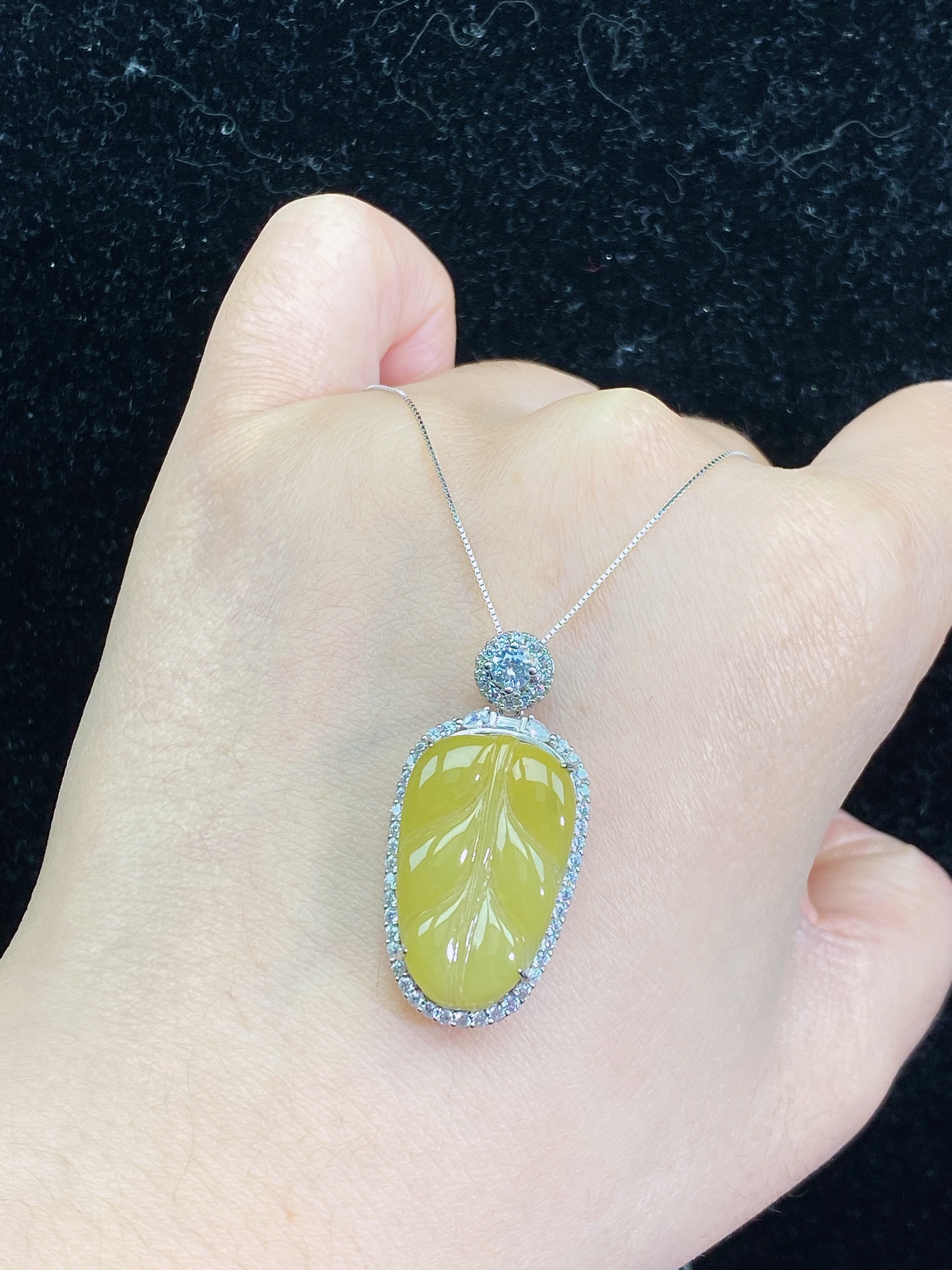 天然翡翠A货叶子设计款吊坠通体S925银镶嵌23.2*14.5*