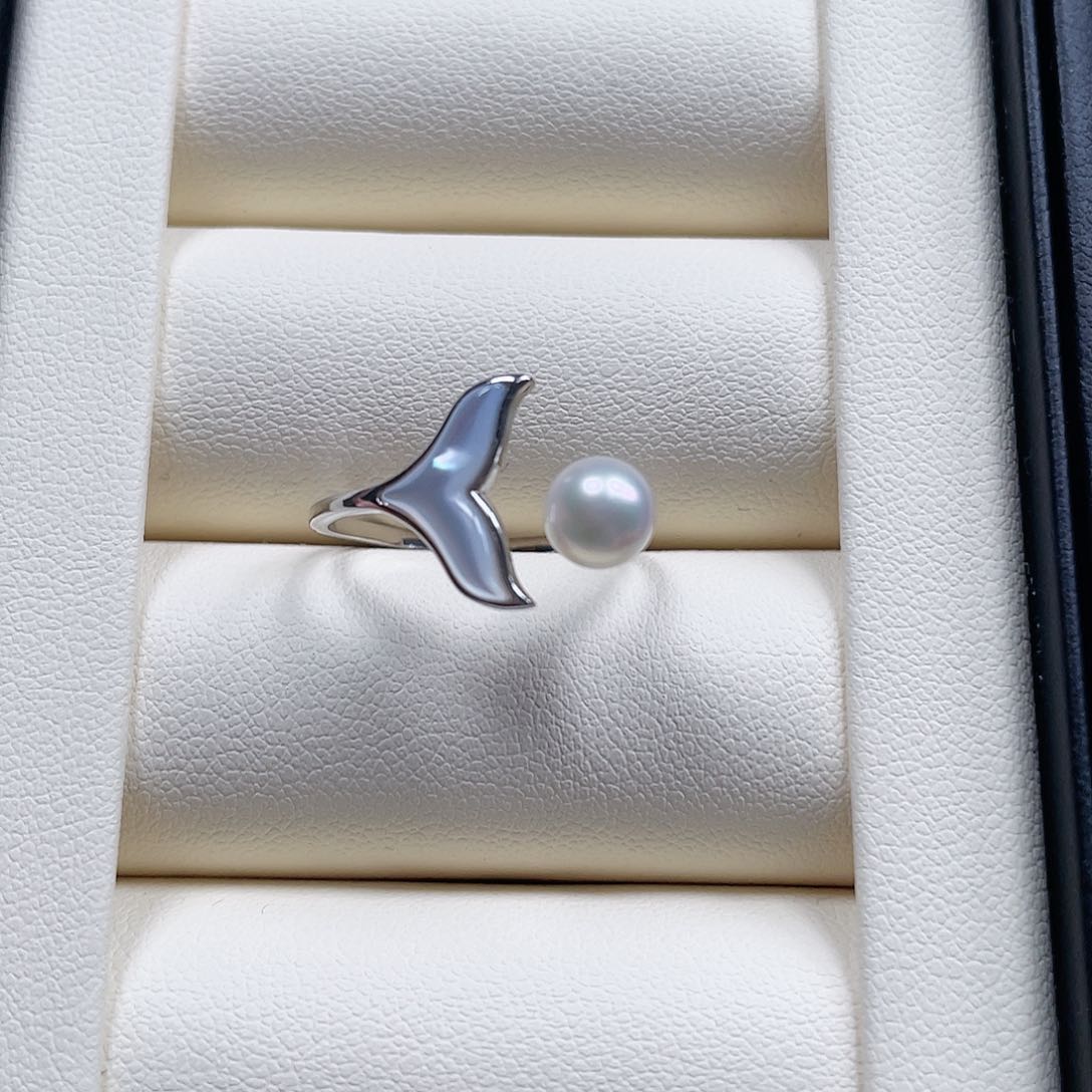 海水珍珠戒指银S925镶嵌鱼尾款珍珠戒指