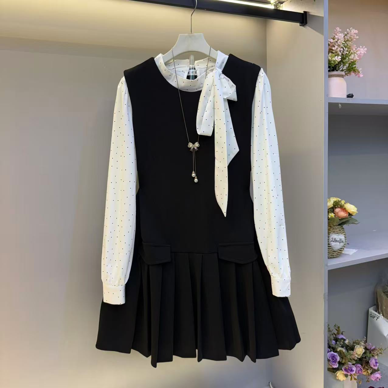 2025秋新款领结气质衬衫马甲裙显瘦两件套