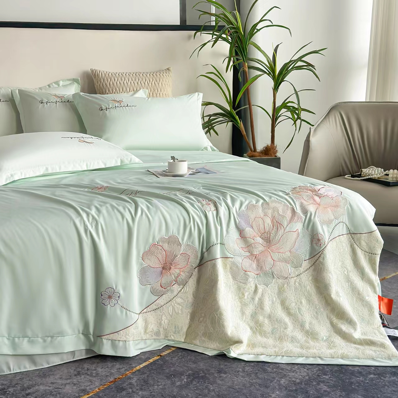 绿色蕾丝贴布绣夏凉被四件套凉感空调被子刺绣花夏被【好运连连】