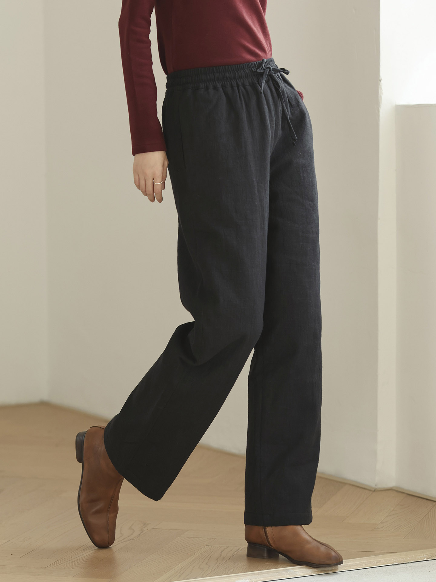 25加厚夹棉裤女松紧腰阔腿裤宽松显瘦直筒亚麻裤冬季保暖裤极简风