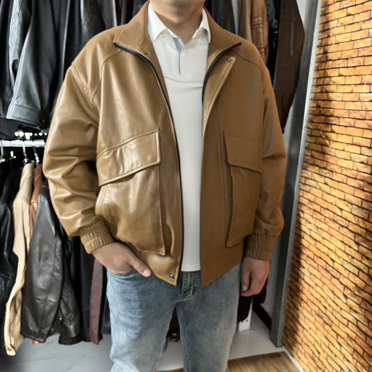 港风款阔版头层羊皮真皮皮衣短款皮夹克复古男款翻领真皮外套