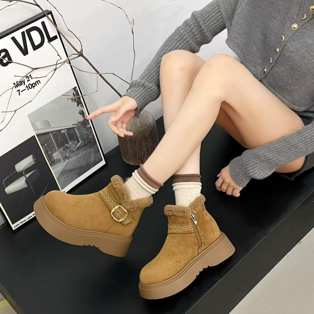 厚底雪地靴女冬季加绒加厚保暖短靴防水防滑舒适毛毛棉鞋博肯鞋
