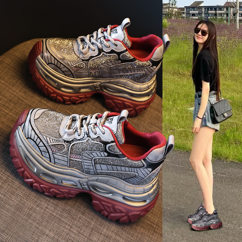 HS7917-1厚底内增高时尚水钻老爹鞋女2025秋季新款松糕9cm休闲鞋