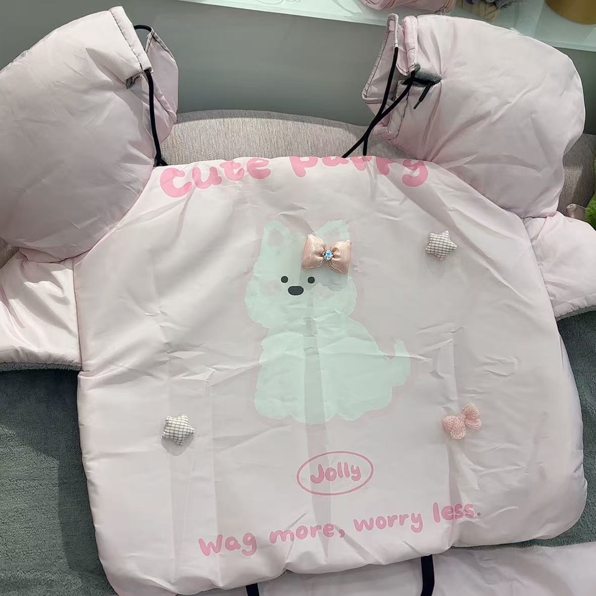 粉色小狗蝴蝶结电动车挡风被加厚款