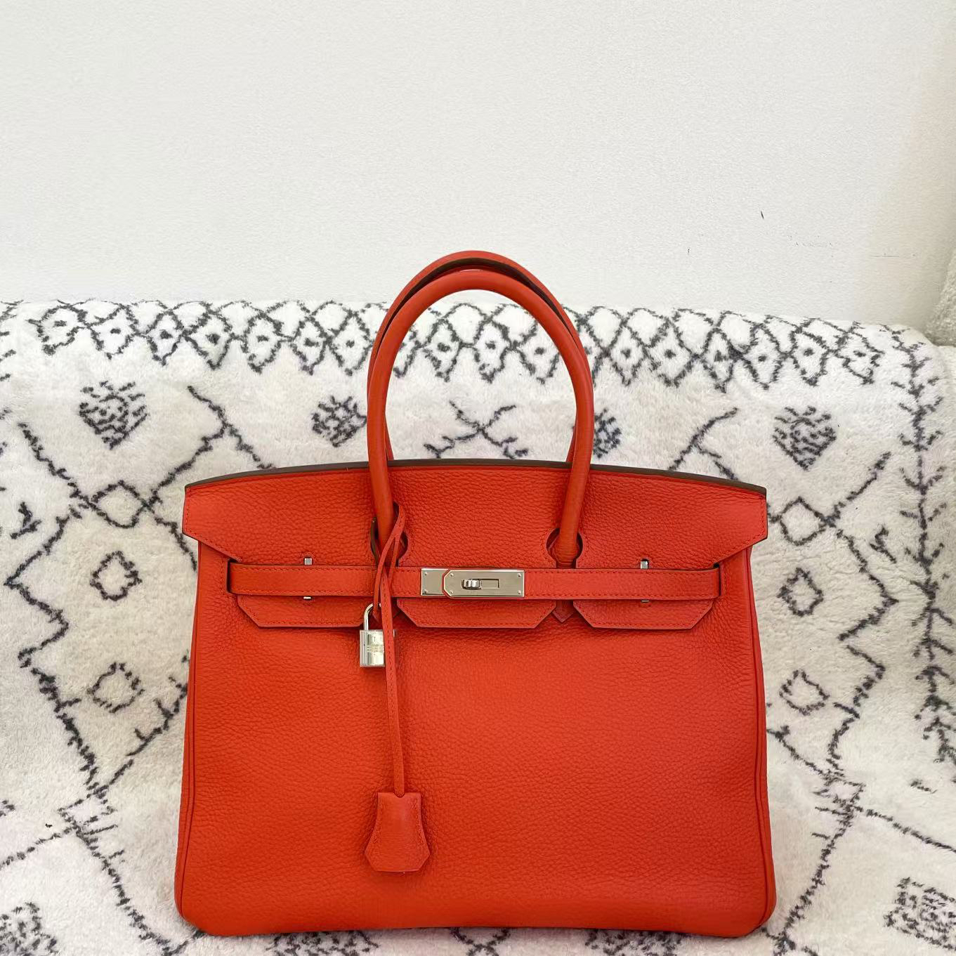 95新 Hermes/爱马仕 birkin 35 框P togo 火焰红0111m9 