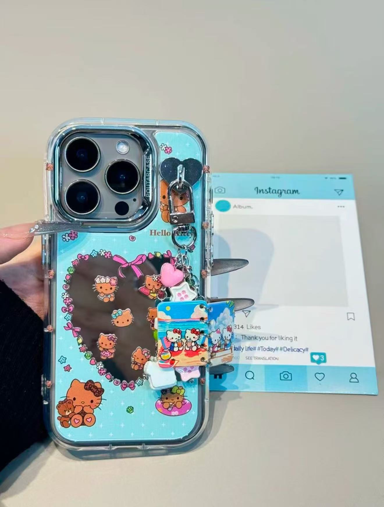 电镀镜蓝底星星爱心镜面黑皮kt苹果16promax手机壳iPhone15新款14