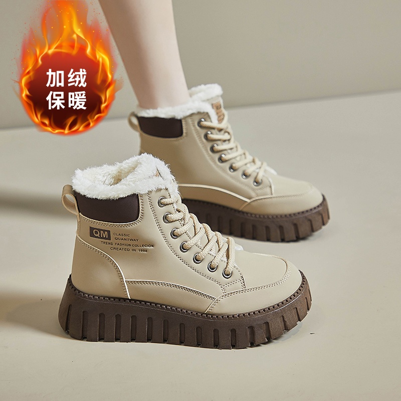 跃步ins潮加绒马丁靴女2025冬季新款加绒休闲鞋增高保暖马丁靴