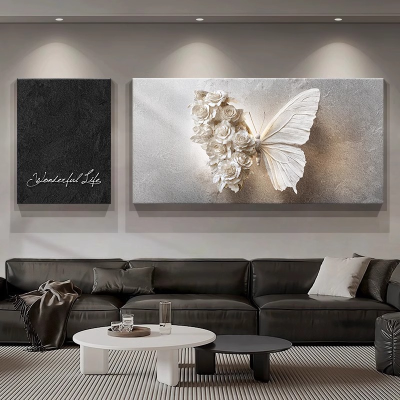 轻奢高级感客厅装饰画浮雕立体感沙发背景墙挂画抽象蝴蝶二联壁画