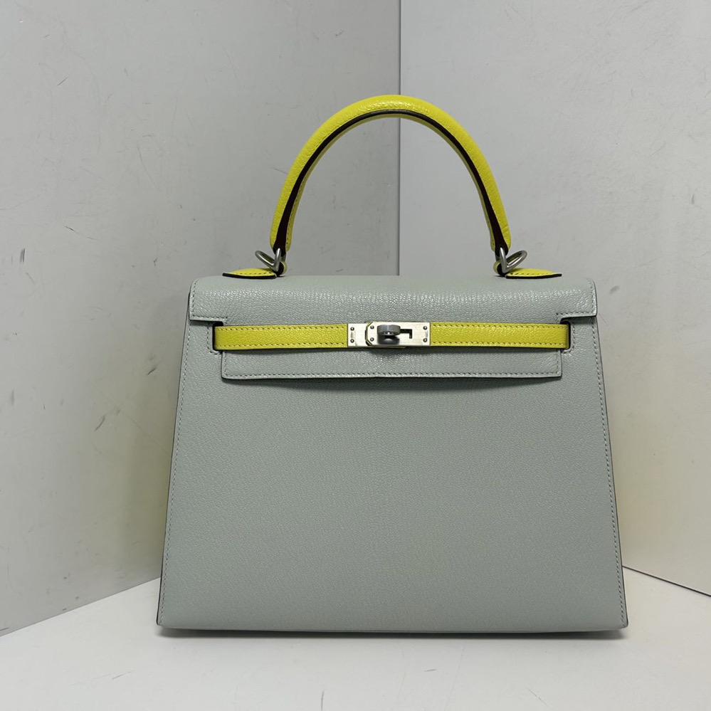 99新 Hermes/爱马仕 小花柳 凯莉包 25 珍珠灰拼柠檬黄 ChevreU刻
