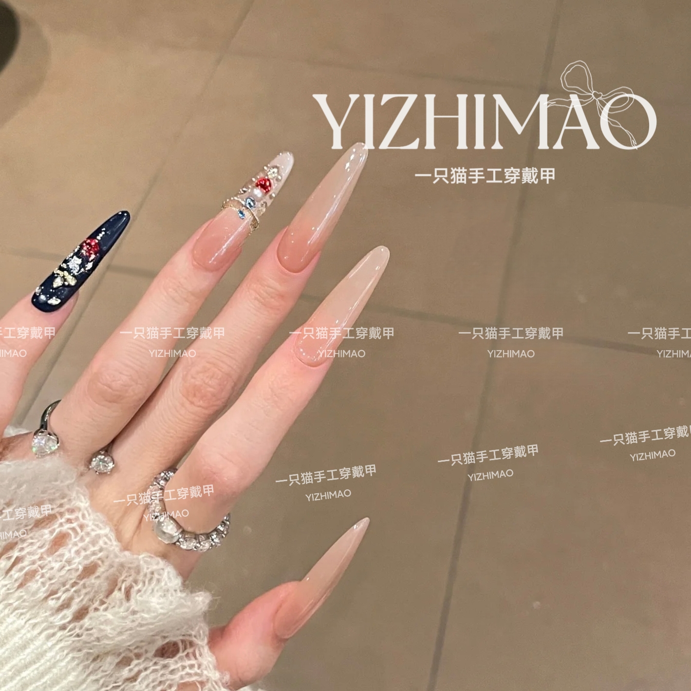 【蓝雀翎】复古宫廷风气质裸色珍珠碎钻重工奢华显白美甲穿戴式