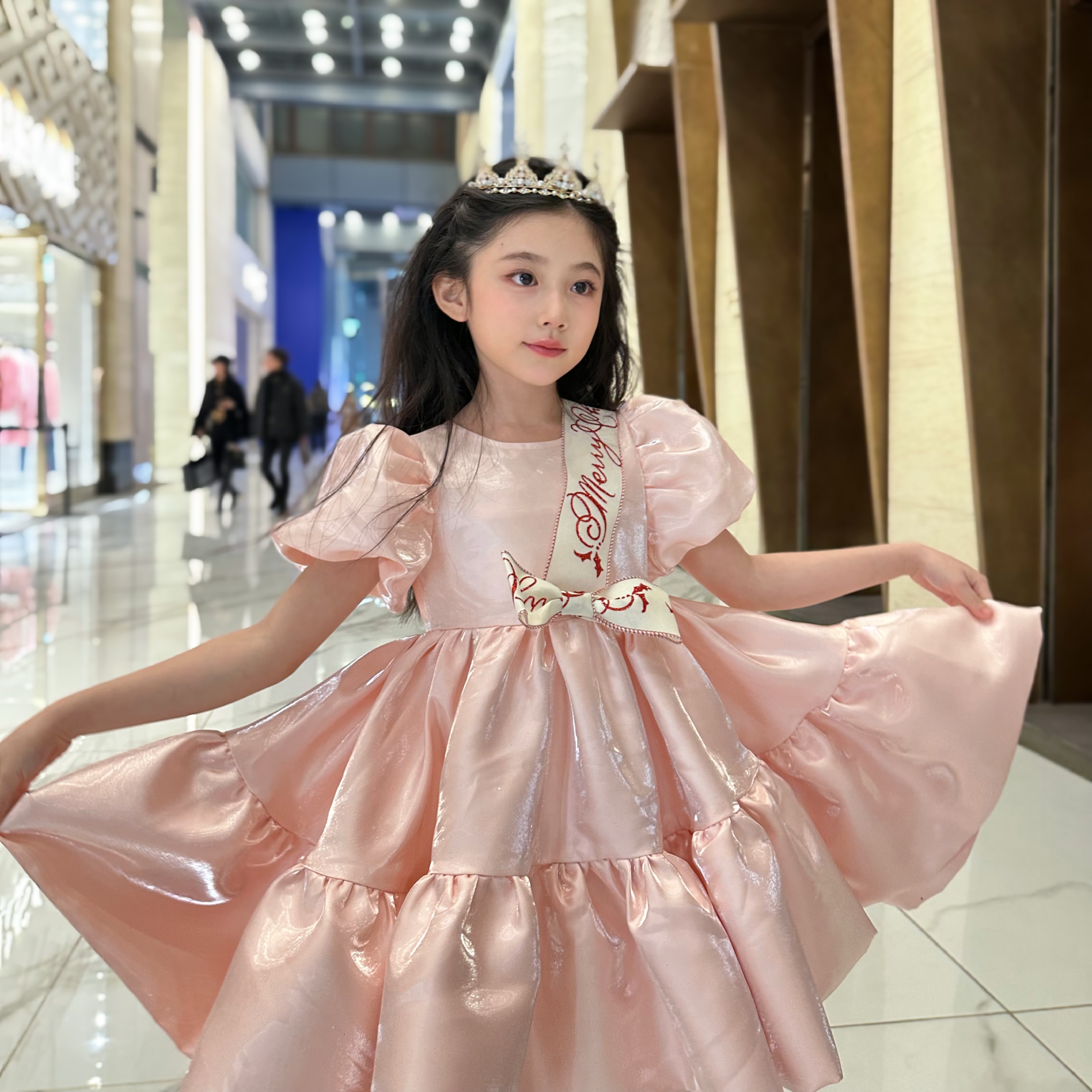 C065【选美公主】女童连衣裙洋气甜美蓬蓬粉色礼服连衣裙
