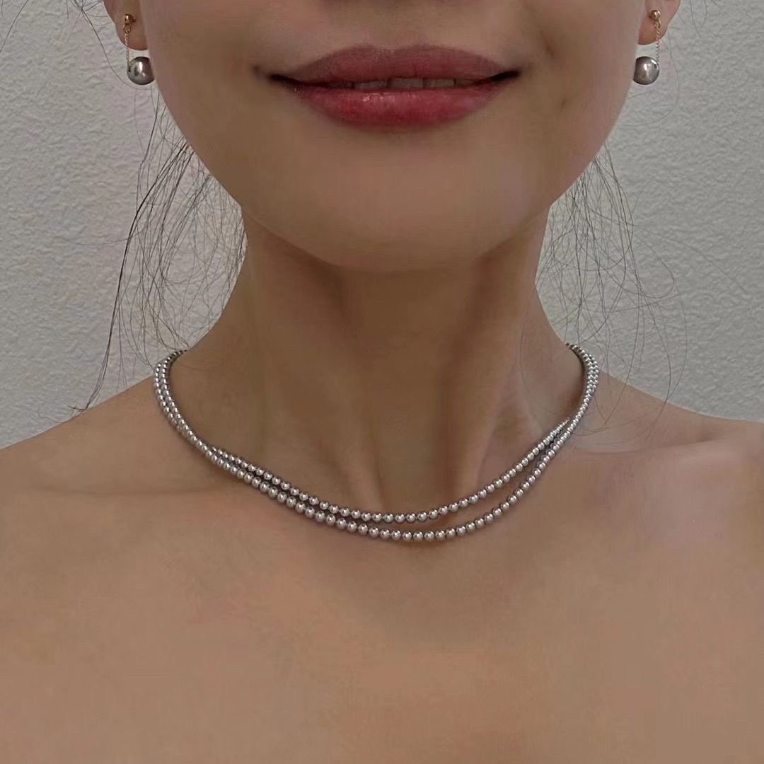 链子925银 S925纯银延长链616银灰色小米珠项链强光正圆时尚