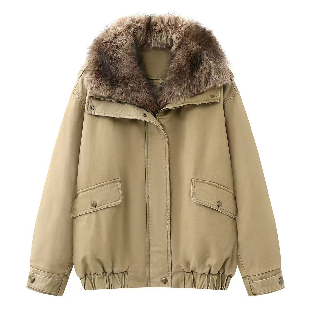 【棕狮毛领】2025冬季新款时尚百搭宽松毛领拼接夹克棉服女.Y50148