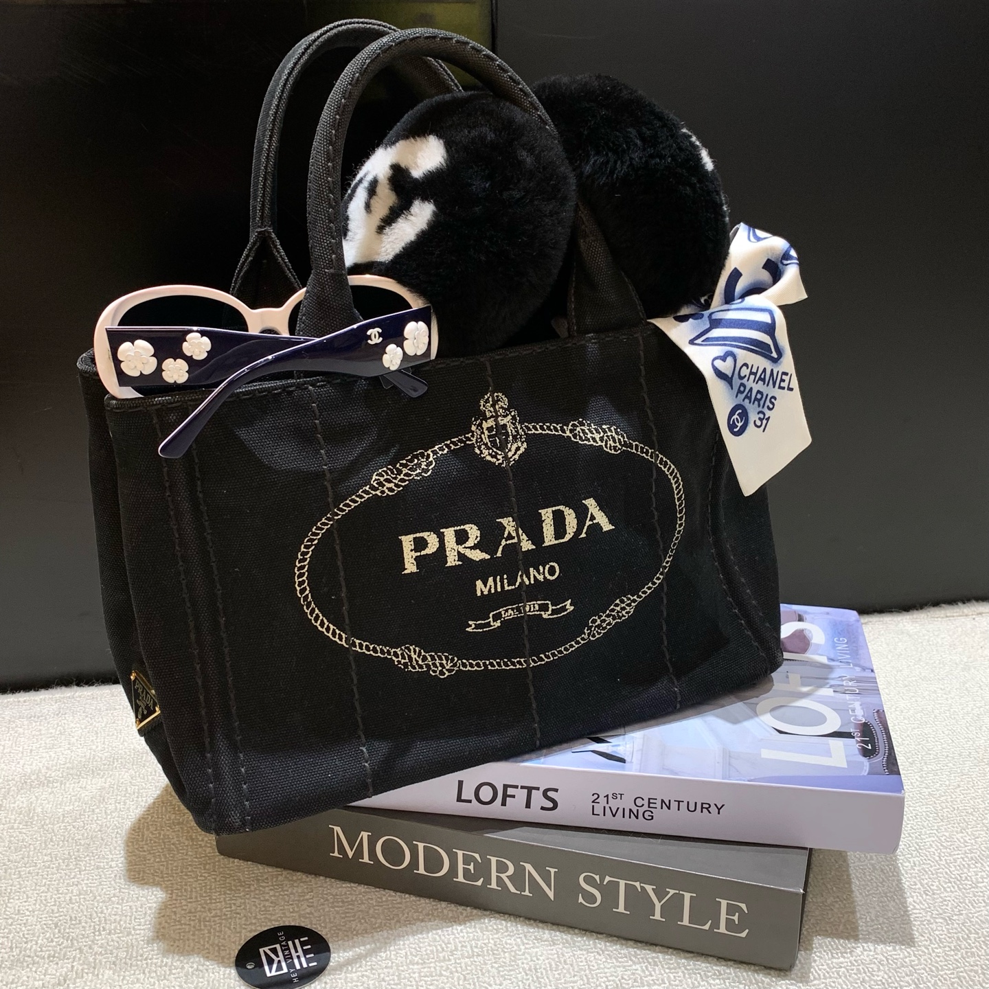 95新 Prada/普拉达 黑色牛仔沙滩包  27cm 18806126