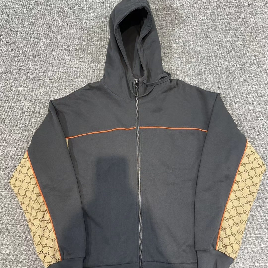 99新 GUCCI/古驰 最新爆款老花织带满印logo双G拉链帽衫/尺码XL