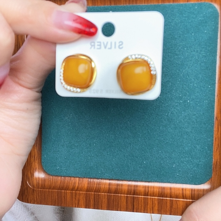 蜜蜡耳饰银S925镶嵌耳钉