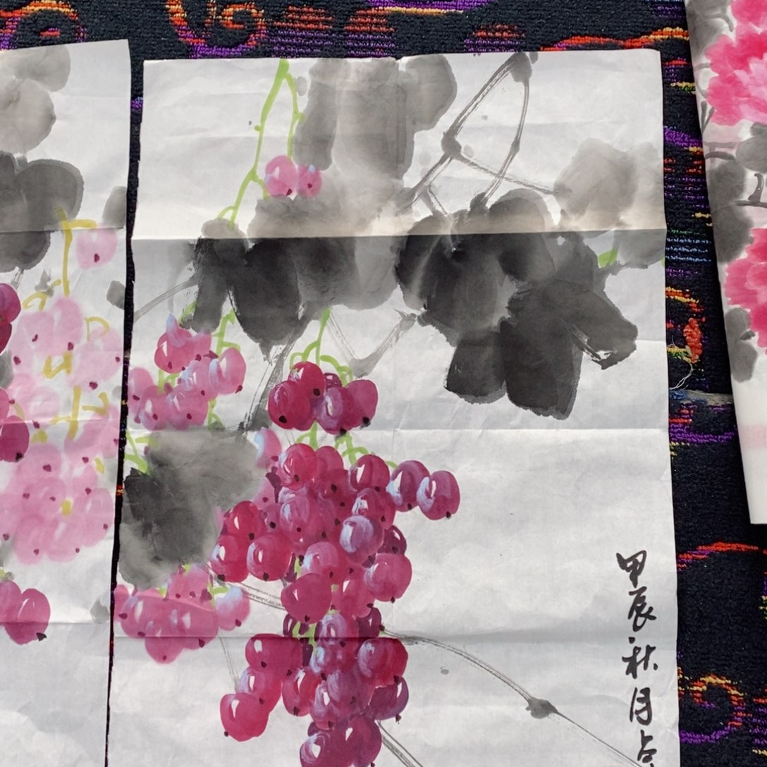 国画刘占英四尺三开花鸟朱