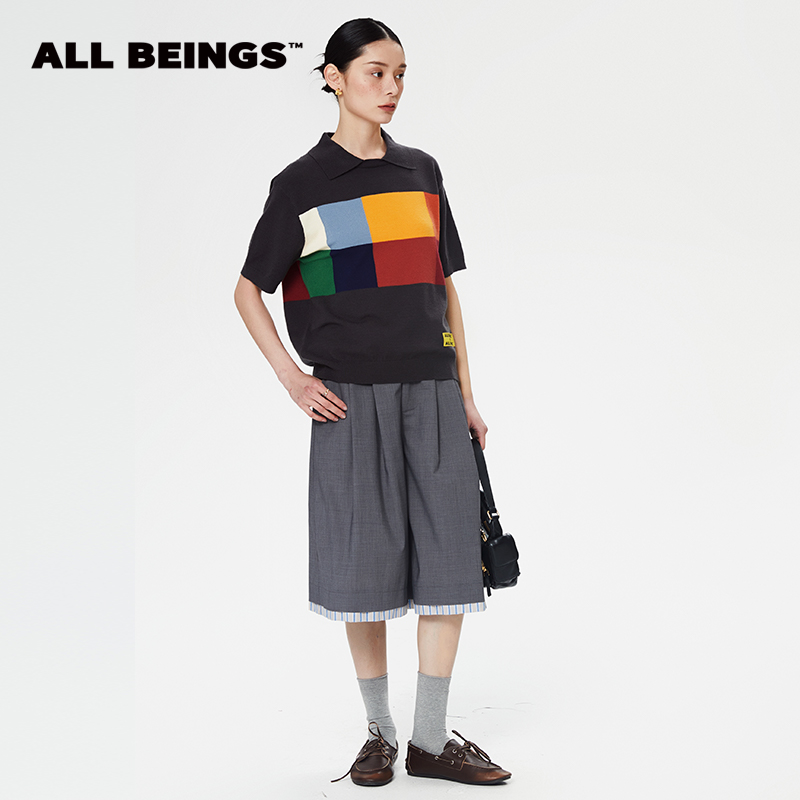ALL BEINGS25年春夏设计师彩格翻领短袖条纹百搭针织衫上衣时尚