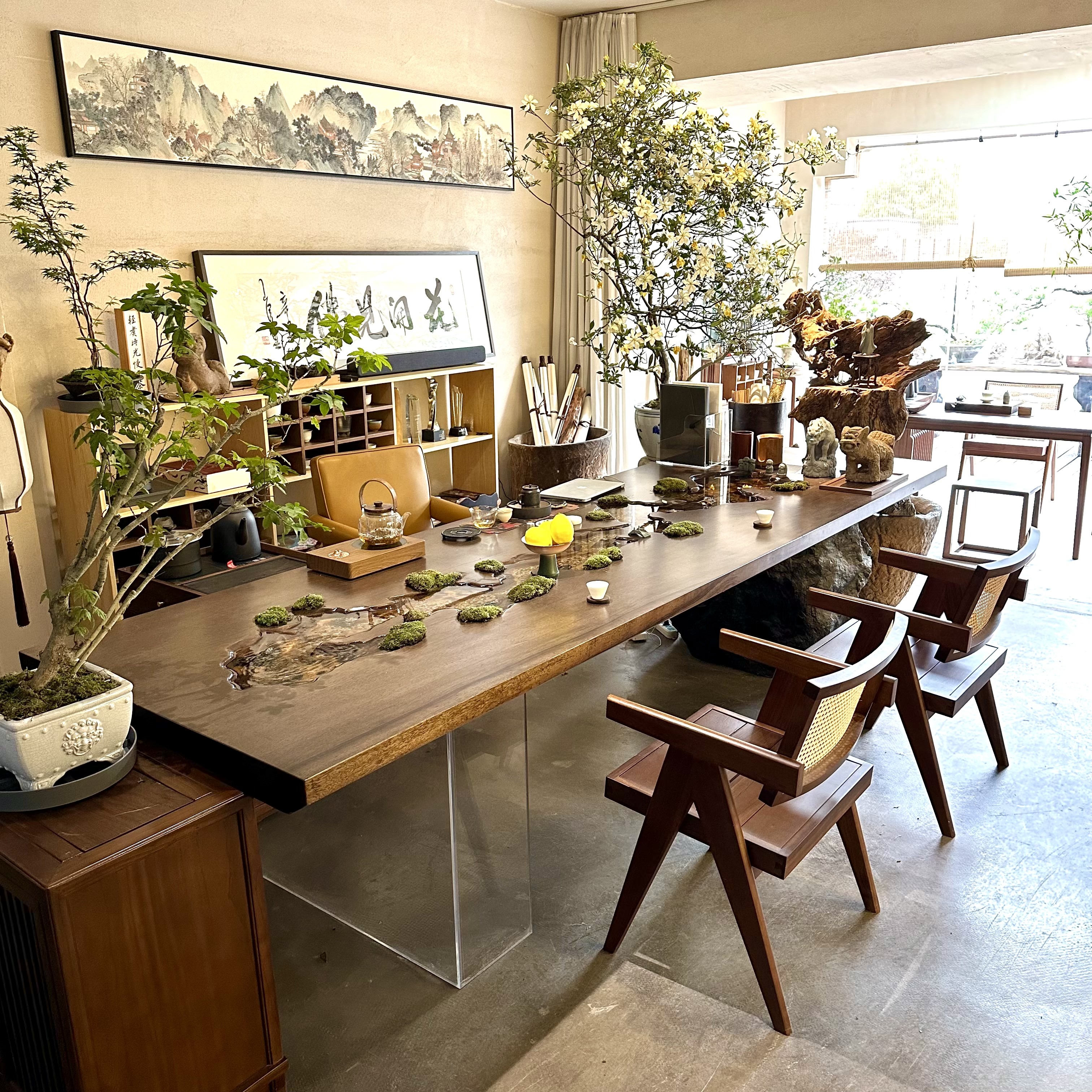 流水茶桌富春山居实木茶桌大板桌造景茶桌养鱼办公茶桌