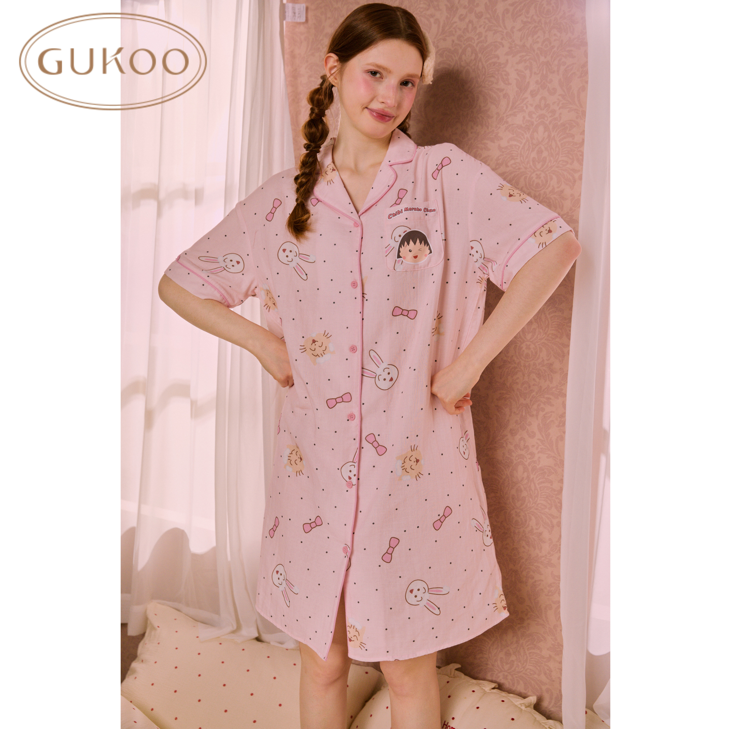 Gukoo/果壳樱桃小丸子甜美可爱印花圆领纯棉短袖女家居服睡裙