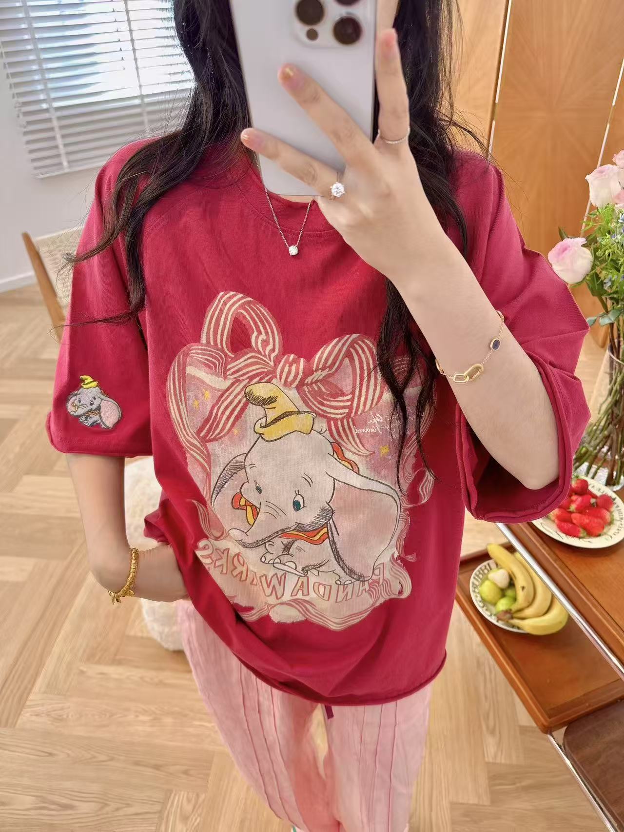 熊猫纸袋[蝴蝶结小飞象]夏季新款减龄舒适纯棉卷边短袖T恤打底230