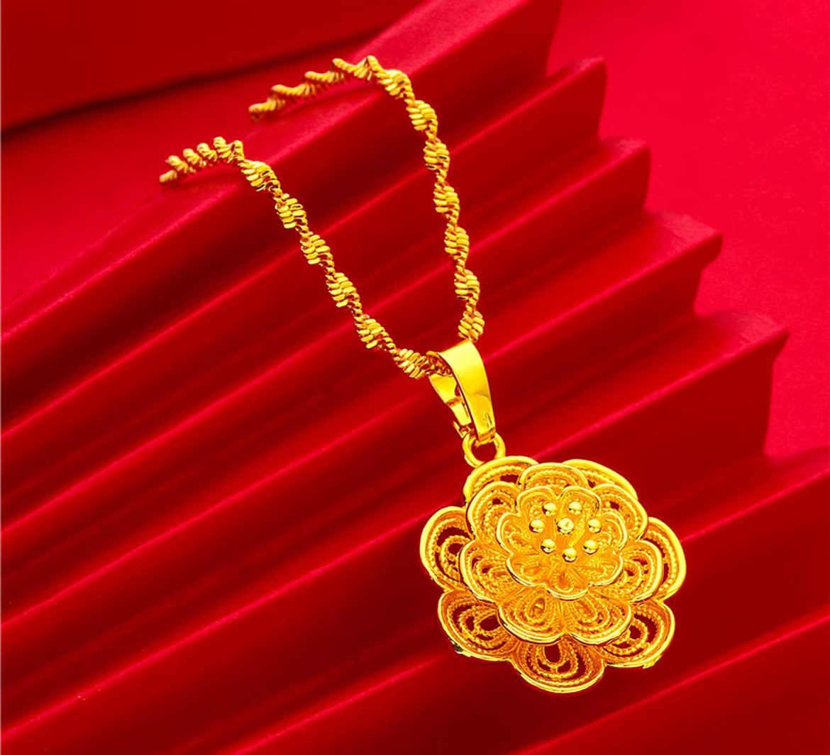 【宝宝专享】S103-高端简约金黄色时尚经典999牡丹花项链