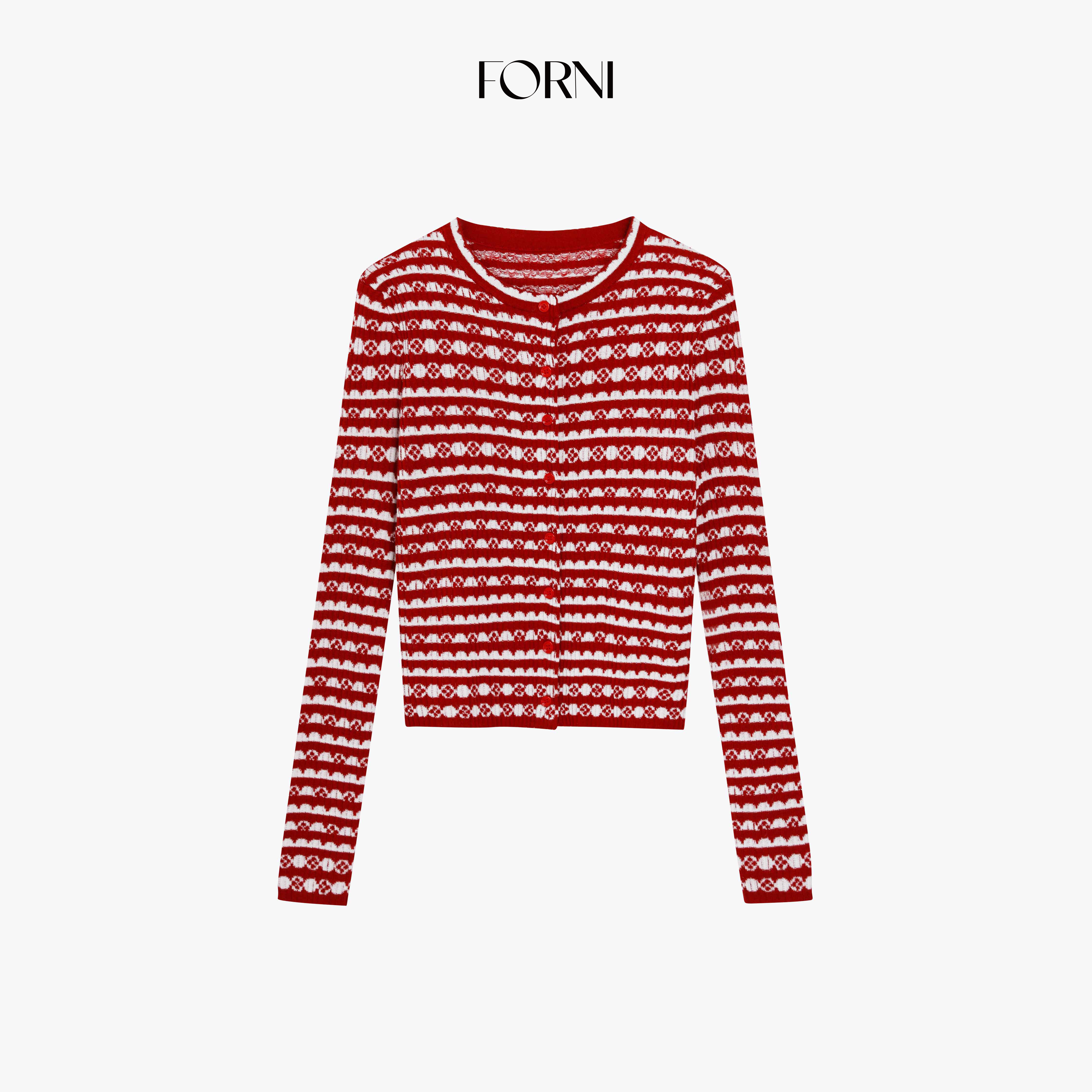 FORNI 红酒姜饼人 圣诞节日氛围感羊毛撞色提花针织开衫