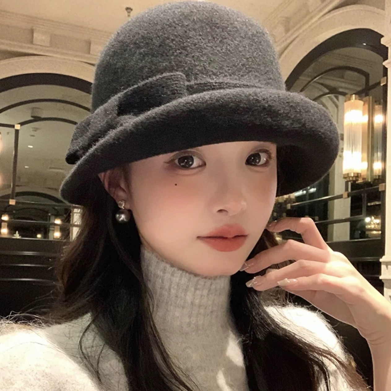 复古羊毛呢小礼帽法式高级感气质蝴蝶结渔夫帽优雅高贵千金帽子冬