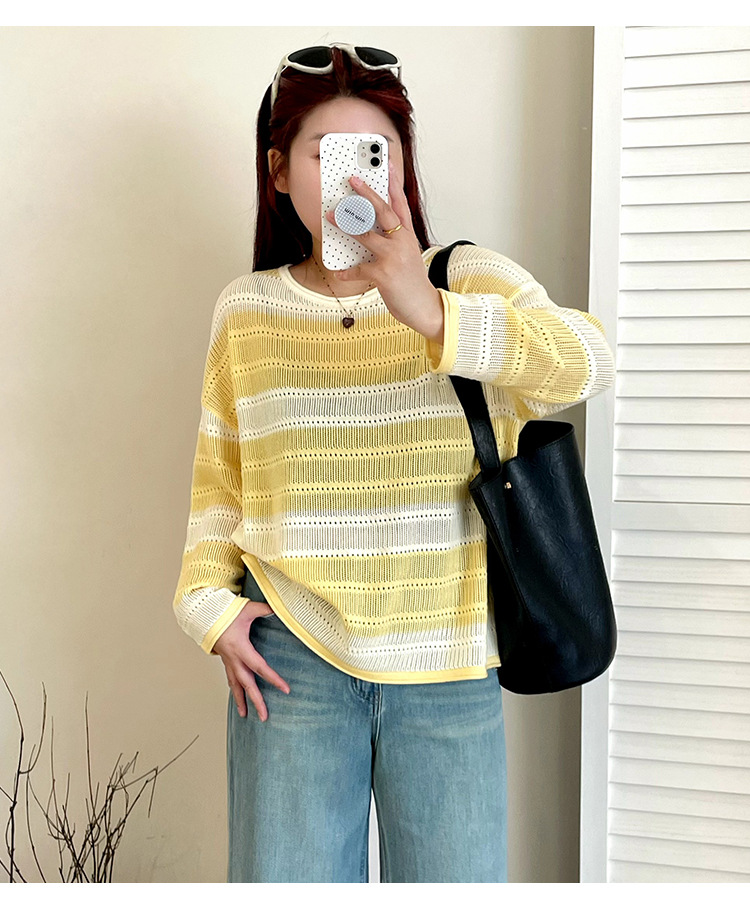 大码女装圆领镂空上衣女撞色条纹衫2025秋款胖mm宽松针织衫280