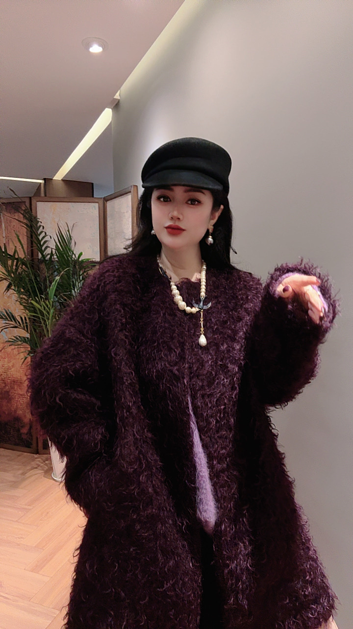 Chouduoduo时尚保暖宽松型韩版气质紫罗兰羊卷毛网红外套冬季秋冬