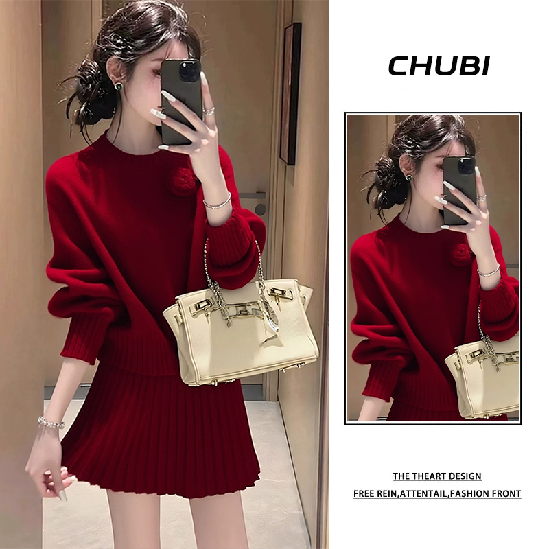 小香风红色套装女2025新款秋冬新款穿搭一整套针织毛衣短裙两件套