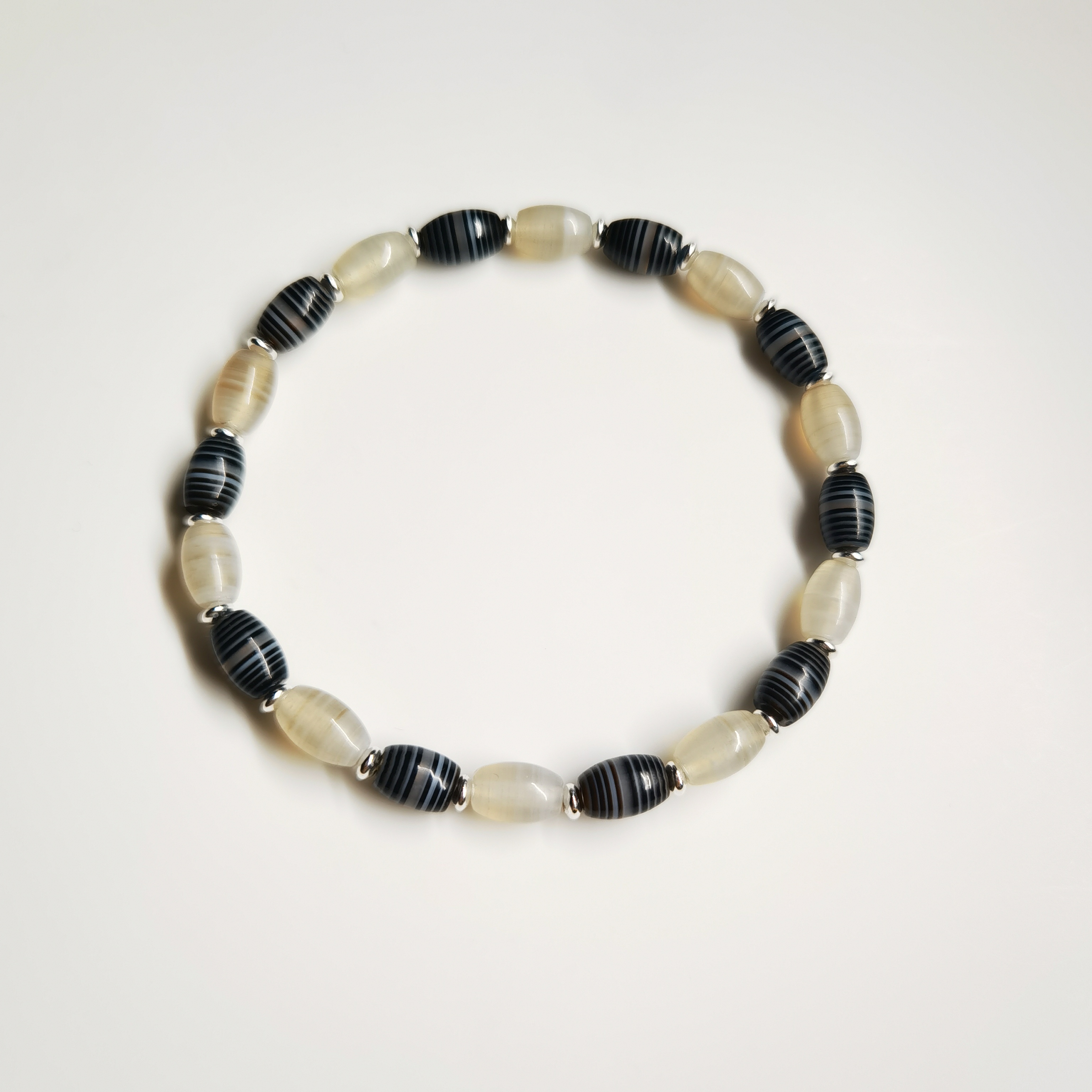 木土堂|精品纯天然巴西黑白缠丝玛瑙米粒桶珠文玩手串手围17cm