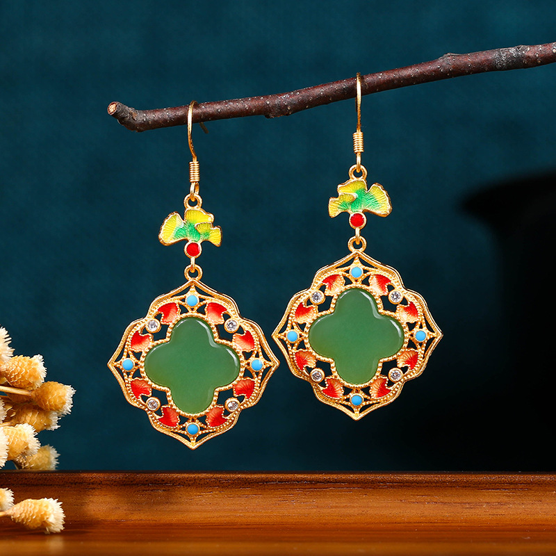 铜合金耳饰 新中式四叶草耳饰复古宫廷风古典冷珐琅工艺国潮耳环