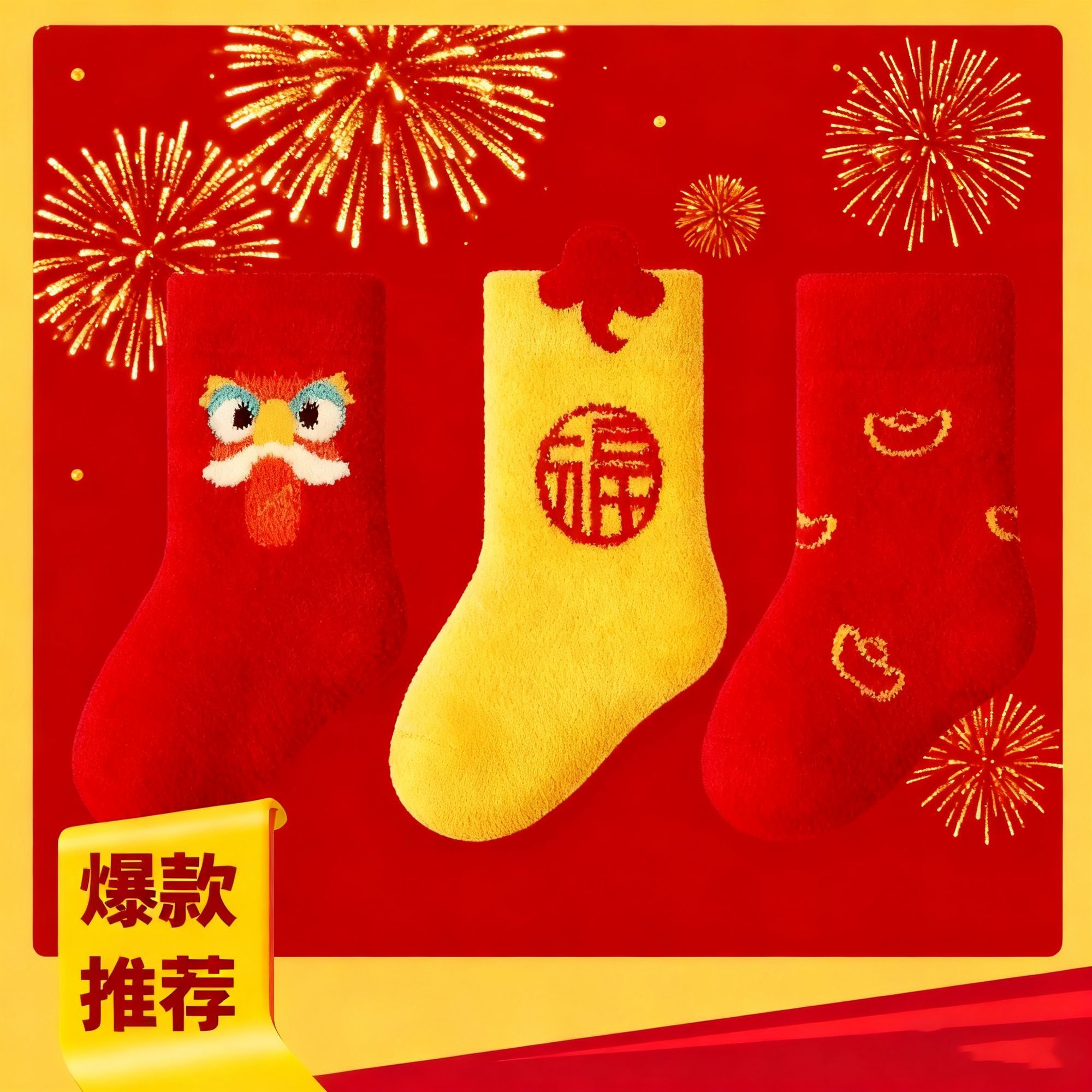 2025婴儿款冬季袜子新年中筒满月白天袜保暖毛圈袜子喜庆